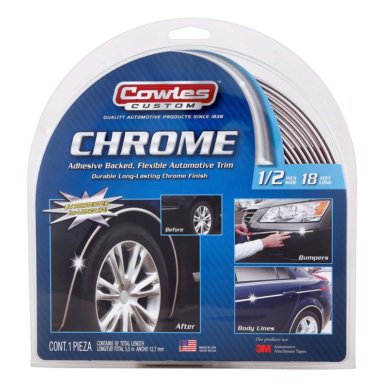 Cowles Cowles Custom - Premium Universal Body Molding for All Vehicle - Easy Install, Chrome Finish, 1/2" by 18 feet, UV Protected, Long Lasting Flexible PVC  - Image 1