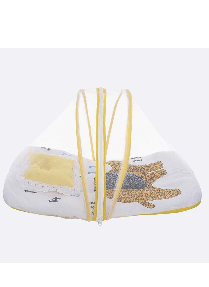 Superminis - Baby Bed with Thick Mattress, Mosquito Net with Zip Closure And Neck Pillow, Baby Bedding for New Born, 0M+, Baby Sleeping Bed of 32 inch X 18 inch X 4 inch Size (Yellow),Pack of 1 - Image 1