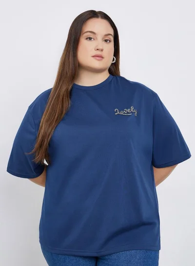 Styli Styli Plus Size Navy Blue Embellished Slogan T-Shirt