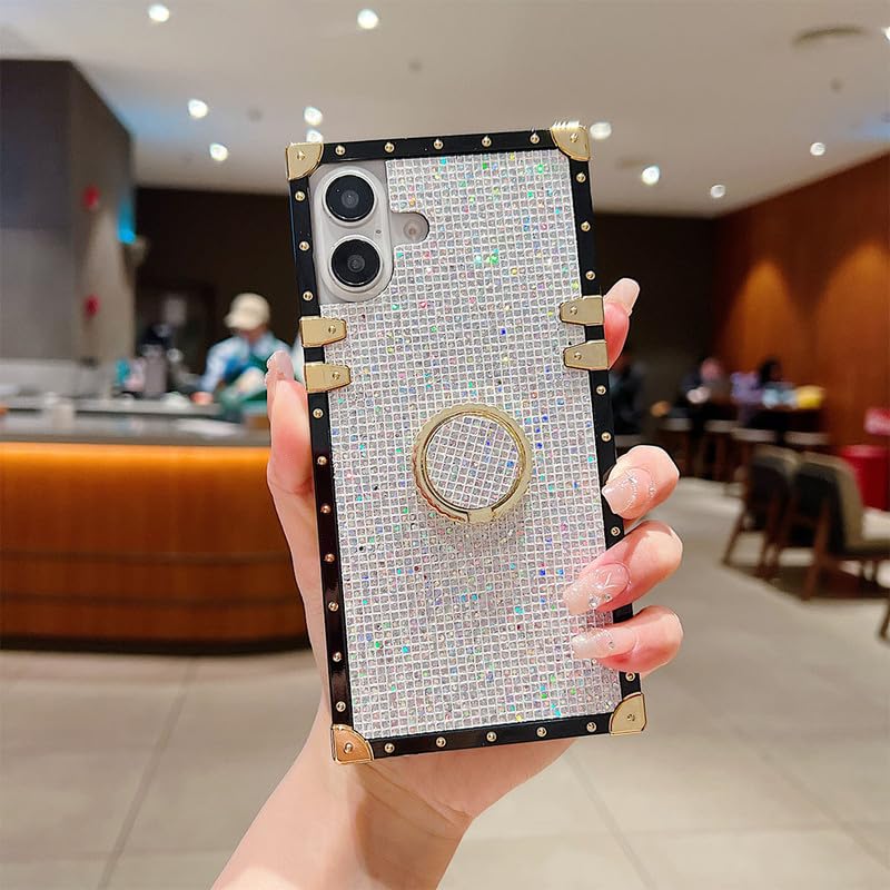 US LITE Thermoplastic Polyurethane Premium Case for iPhone 16 Plus|Gold Accents|Slim Protective Cover with Ring Holder|Shockproof Case and Anti-Scratch for Extra Protection-White - Image 1
