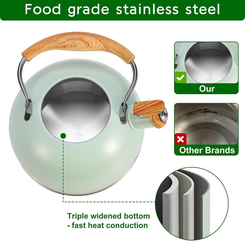 foedo Tea Kettle Stovetop, 2.6 Quart cute teapot,loud whistle kettle, Food Grade Stainless Steel with Fold wood grain handle, Mint Green,With Anti Scald Towel - Image 2