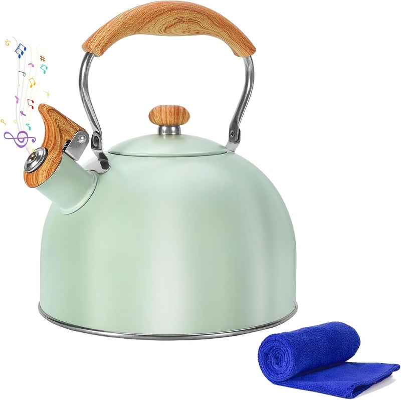 foedo Tea Kettle Stovetop, 2.6 Quart cute teapot,loud whistle kettle, Food Grade Stainless Steel with Fold wood grain handle, Mint Green,With Anti Scald Towel - Image 1