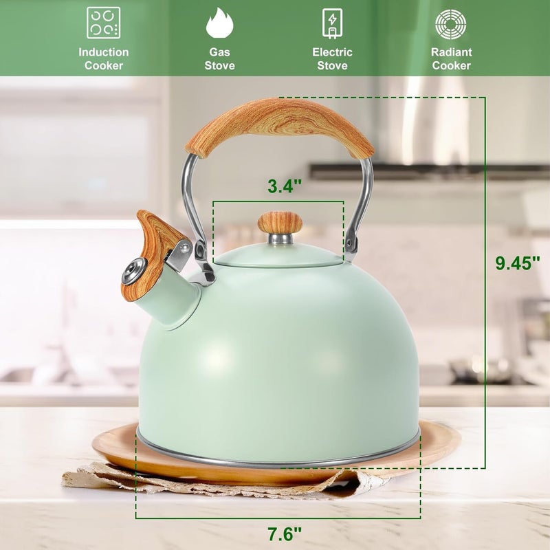 foedo Tea Kettle Stovetop, 2.6 Quart cute teapot,loud whistle kettle, Food Grade Stainless Steel with Fold wood grain handle, Mint Green,With Anti Scald Towel - Image 4