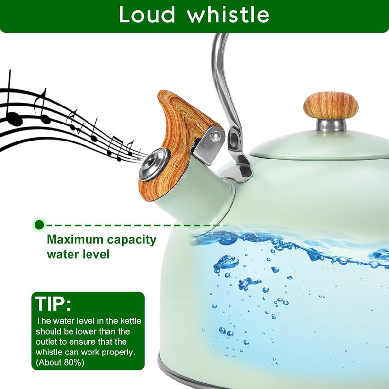 foedo Tea Kettle Stovetop, 2.6 Quart cute teapot,loud whistle kettle, Food Grade Stainless Steel with Fold wood grain handle, Mint Green,With Anti Scald Towel - Image 3