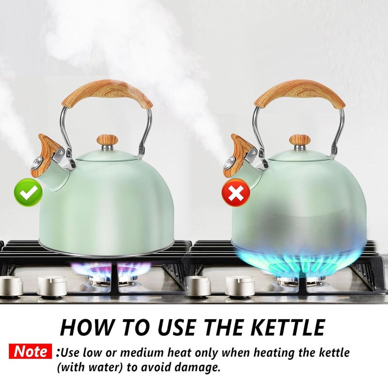foedo Tea Kettle Stovetop, 2.6 Quart cute teapot,loud whistle kettle, Food Grade Stainless Steel with Fold wood grain handle, Mint Green,With Anti Scald Towel - Image 5