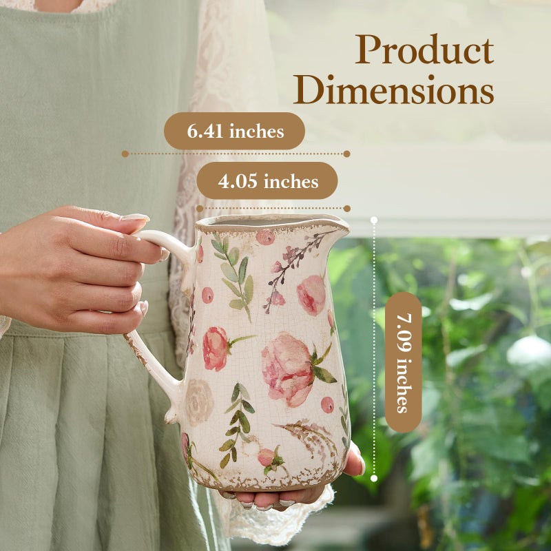 Teweiqi Vintage Fruit and Floral Ceramic Vase with Handle, Retro Ice Glazed Crack Farmhouse Pitcher Vase for Home Decor, Living Room, Shelf, Office, Rustic Table Centerpiece 7 Inch - Image 4