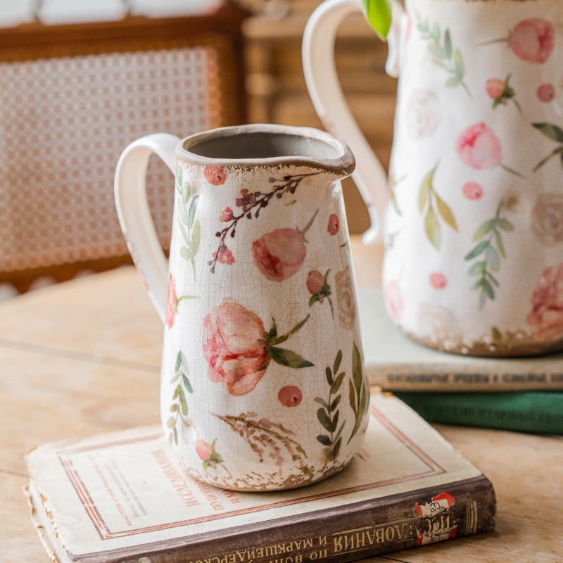 Teweiqi Vintage Fruit and Floral Ceramic Vase with Handle, Retro Ice Glazed Crack Farmhouse Pitcher Vase for Home Decor, Living Room, Shelf, Office, Rustic Table Centerpiece 7 Inch - Image 1