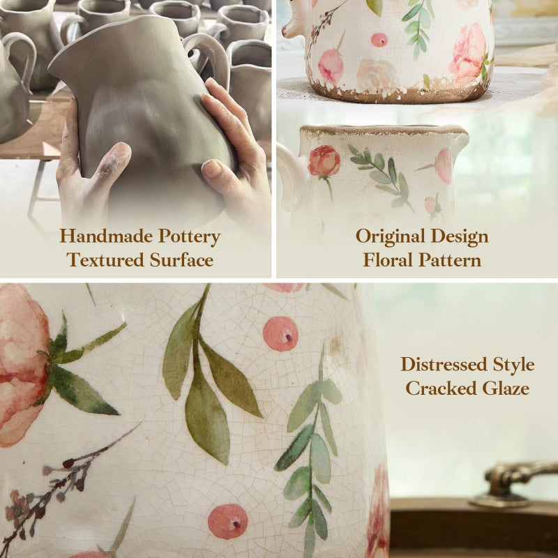 Teweiqi Vintage Fruit and Floral Ceramic Vase with Handle, Retro Ice Glazed Crack Farmhouse Pitcher Vase for Home Decor, Living Room, Shelf, Office, Rustic Table Centerpiece 7 Inch - Image 5