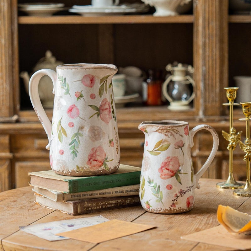 Teweiqi Vintage Fruit and Floral Ceramic Vase with Handle, Retro Ice Glazed Crack Farmhouse Pitcher Vase for Home Decor, Living Room, Shelf, Office, Rustic Table Centerpiece 7 Inch - Image 3