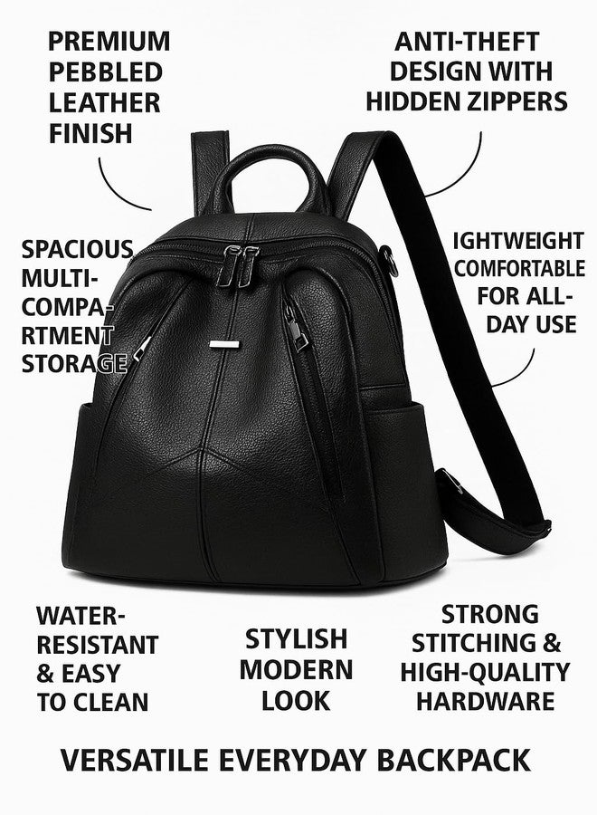 JAISOM Mettle Black Backpack for Women & Men | Premium Pebbled Leather Finish | Anti-Theft Hidden Zippers | Spacious Multi-Compartment Storage | Water-Resistant Stylish Everyday Travel Bag - Image 5
