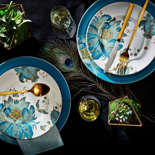 222 Fifth 16-Piece Porcelain Dinnerware Set for 4, Elegant Floral Plates and Bowls Sets-White, Teal, Gold Ceramic Dishes, Chip Resistant Kitchen and Dining Dish Set, Microwave & Dishwasher Safe, Eliza - Image 3