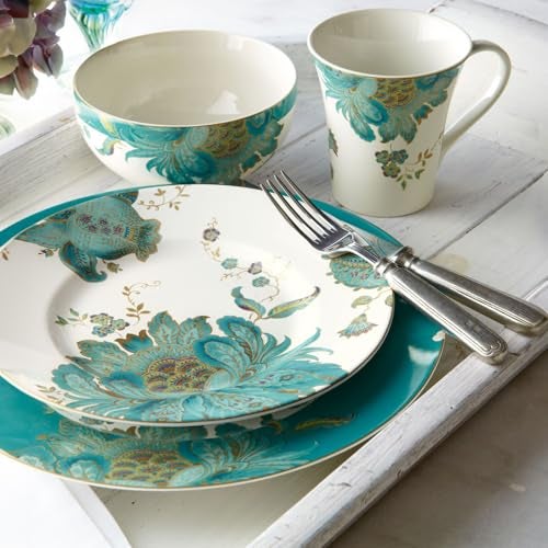 222 Fifth 16-Piece Porcelain Dinnerware Set for 4, Elegant Floral Plates and Bowls Sets-White, Teal, Gold Ceramic Dishes, Chip Resistant Kitchen and Dining Dish Set, Microwave & Dishwasher Safe, Eliza - Image 4