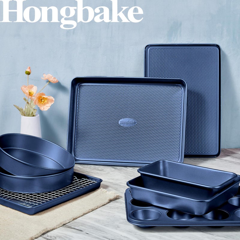 HONGBAKE 9-Piece Baking Pans Set Nonstick, Stackable Non Toxic Bakeware Sets with Diamond Texture, Oven Pan Set for Cooking, Includes Cookie Sheet with Rack, Cake Pan, Roasting Pan, Muffin Tin, Blue - Image 2