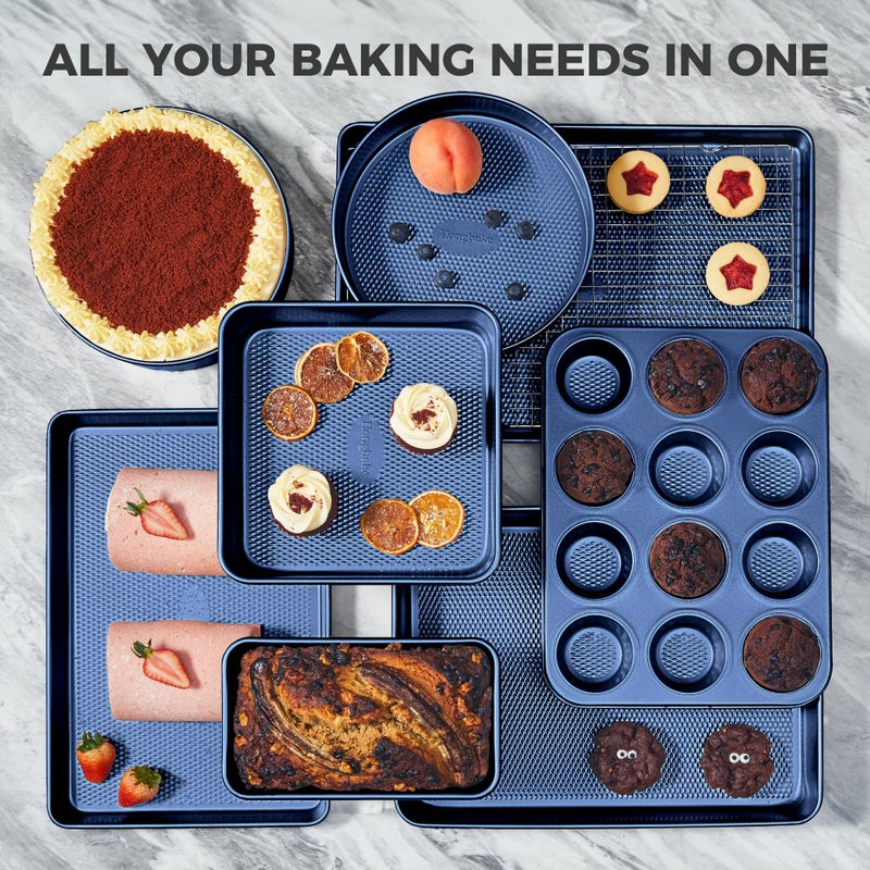 HONGBAKE 9-Piece Baking Pans Set Nonstick, Stackable Non Toxic Bakeware Sets with Diamond Texture, Oven Pan Set for Cooking, Includes Cookie Sheet with Rack, Cake Pan, Roasting Pan, Muffin Tin, Blue - Image 4