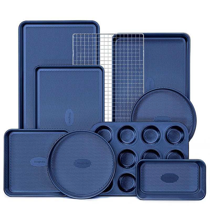 HONGBAKE 9-Piece Baking Pans Set Nonstick, Stackable Non Toxic Bakeware Sets with Diamond Texture, Oven Pan Set for Cooking, Includes Cookie Sheet with Rack, Cake Pan, Roasting Pan, Muffin Tin, Blue - Image 1