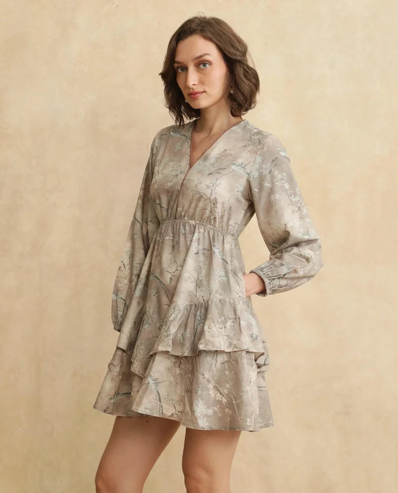 Rareism Women's Bishop Sleeve Floral Print Dress