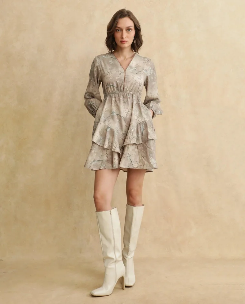 Rareism Women's Bishop Sleeve Floral Print Dress