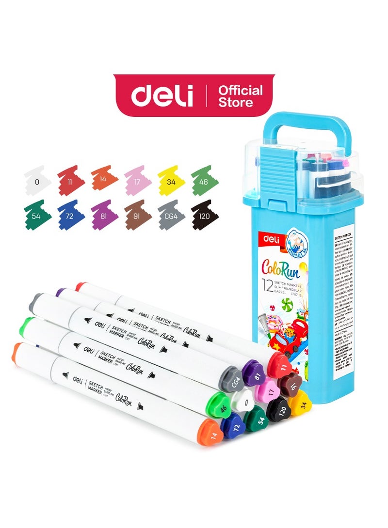 Deli EC187-12 Sketch Marker Set Dual Tips, ASST. Colors – ideal for drawing & coloring - Image 1