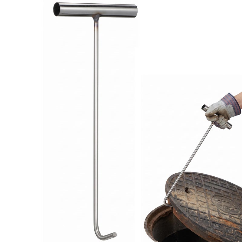 DOITOOL Manhole Hook 15 Inch Stainless Steel T Handle Manhole Cover Lifter Lifting Hook Hand Tool with Blunt Tip Storm Drain Puller Tool for Septic Tank Lids - Image 2
