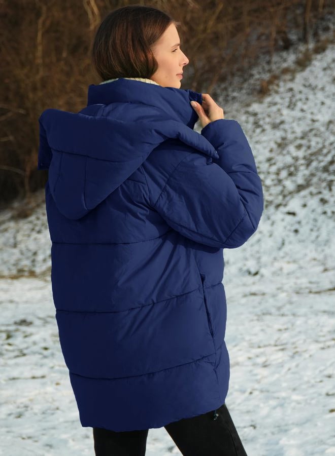 Flygo Womens Hooded Quilted Puffer Jacket Mid-Length Padded Warm Winter Heavyweight Coat Outerwear, Darkblue, S - Image 3