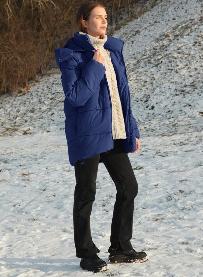 Flygo Womens Hooded Quilted Puffer Jacket Mid-Length Padded Warm Winter Heavyweight Coat Outerwear, Darkblue, S - Image 4