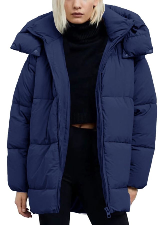 Flygo Womens Hooded Quilted Puffer Jacket Mid-Length Padded Warm Winter Heavyweight Coat Outerwear, Darkblue, S - Image 1