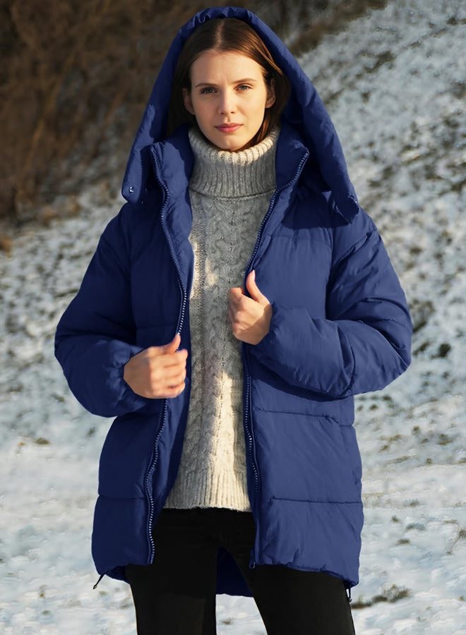 Flygo Womens Hooded Quilted Puffer Jacket Mid-Length Padded Warm Winter Heavyweight Coat Outerwear, Darkblue, S - Image 2