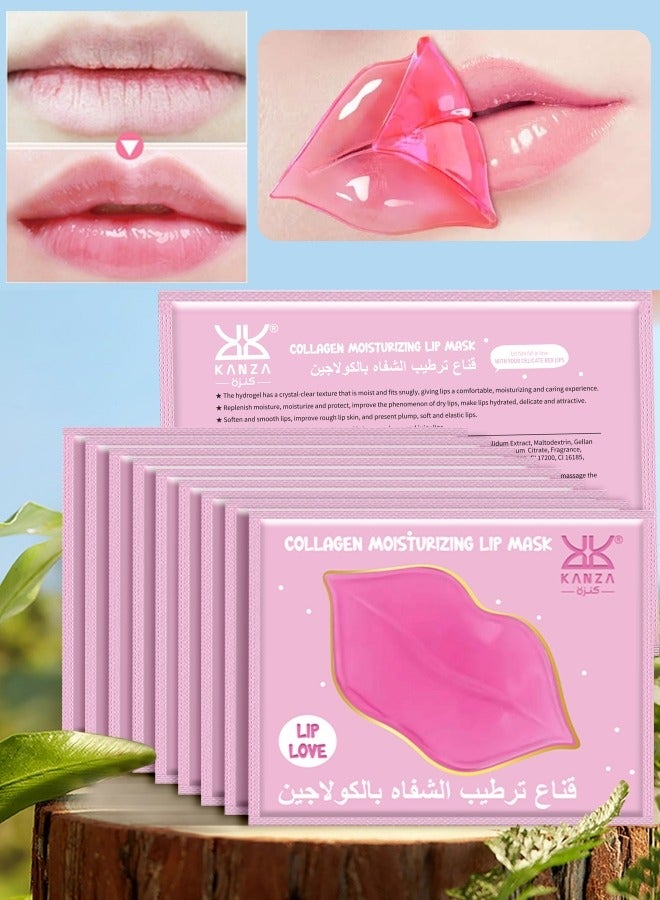 Kanza مجموعة أقنعة الشفاه المرطبة بالكولاجين 10 قطع - مرطب شفاه - قناع شفاه بلوري وردي طبيعي - مرطب لامع - نسيج ناعم - مرونة صحية - قناع شفاه بالكولاجين 10x8g - Image 1