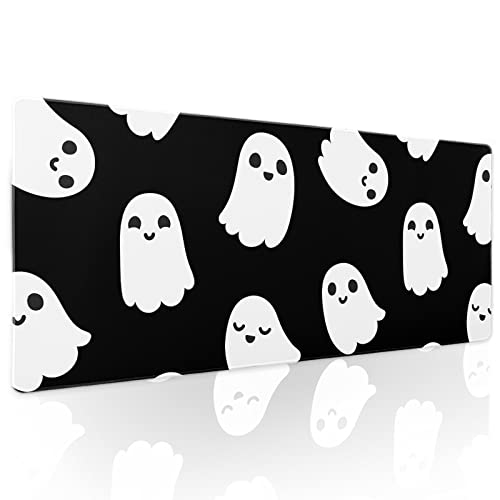aportt Halloween Cute Ghost Mouse Pad Kawaii Cartoon Spooky Funny Spirit Extended Desk Mat Non-Slip Rubber Base Stitched Edge Large XL Black White Mousepad for Desk Gaming Laptop Desktop,31.5×11.8 Inch - Image 1