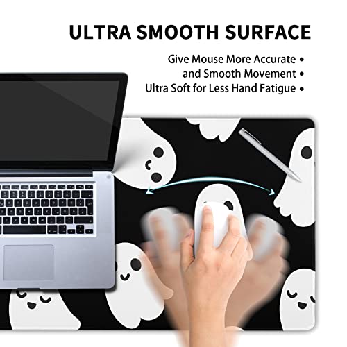 aportt Halloween Cute Ghost Mouse Pad Kawaii Cartoon Spooky Funny Spirit Extended Desk Mat Non-Slip Rubber Base Stitched Edge Large XL Black White Mousepad for Desk Gaming Laptop Desktop,31.5×11.8 Inch - Image 4