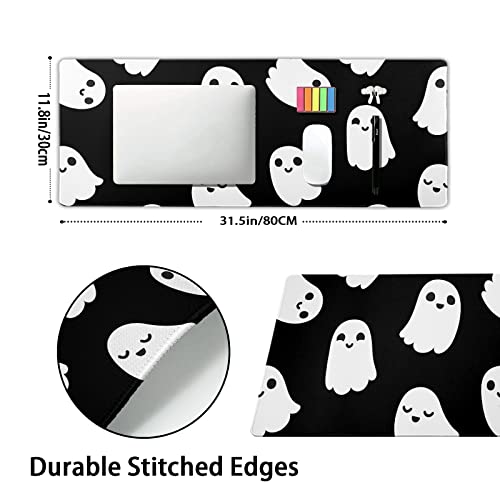 aportt Halloween Cute Ghost Mouse Pad Kawaii Cartoon Spooky Funny Spirit Extended Desk Mat Non-Slip Rubber Base Stitched Edge Large XL Black White Mousepad for Desk Gaming Laptop Desktop,31.5×11.8 Inch - Image 2