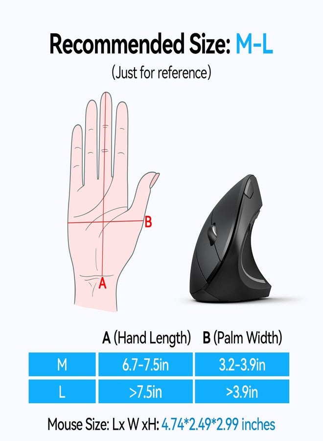 TECKNET Ergonomic Mouse, Wireless Bluetooth Vertical Mouse, 4800 DPI Optical Tracking, 6 Adjustable DPI, Quiet Clicks, 2.4GHz with USB A Receiver, 6 Buttons, Wide Compatibility(Standard) - Image 3