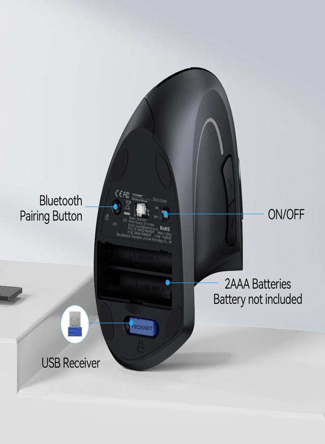 TECKNET Ergonomic Mouse, Wireless Bluetooth Vertical Mouse, 4800 DPI Optical Tracking, 6 Adjustable DPI, Quiet Clicks, 2.4GHz with USB A Receiver, 6 Buttons, Wide Compatibility(Standard) - Image 5