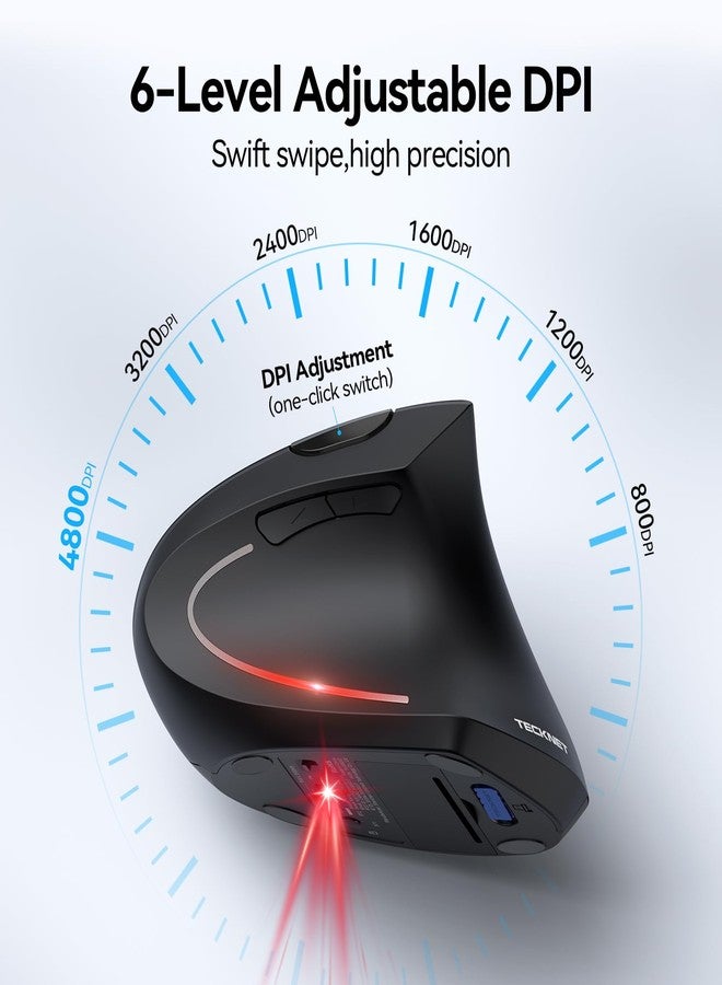 TECKNET Ergonomic Mouse, Wireless Bluetooth Vertical Mouse, 4800 DPI Optical Tracking, 6 Adjustable DPI, Quiet Clicks, 2.4GHz with USB A Receiver, 6 Buttons, Wide Compatibility(Standard) - Image 4
