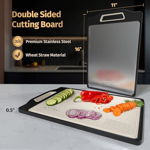 Matiks Stainless Steel Cutting Board Set - 16”×11” Large Double Sided Dishwasher Safe Metal Cutting Board for Kitchen – Housewarming Gifts New Home - New Home Gift Ideas - First Home Cooking Gifts - Image 2