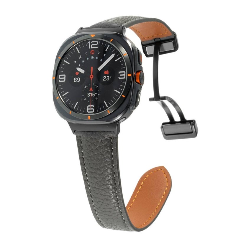 AD سوار ساعة ذكية سوار جلدي كلاسيكي متوافق مع Samsung Galaxy Watch Ultra بملاءمة قابلة للتعديل وحزام بديل للاستخدام اليومي باللون رمادي قابل للتعديل باللون الرمادي - Image 1