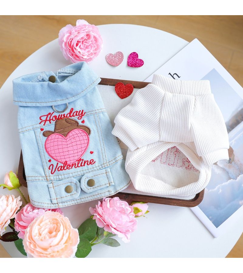 2 Piece Pet Clothing Set For Dogs And Cats Thickened Warm Pullover Sweater With White Base Red Embroidered Letters Heart Design Blue Sleeveless Large Heart Patterned Outer Jacket Leash Walking Size M - Image 3