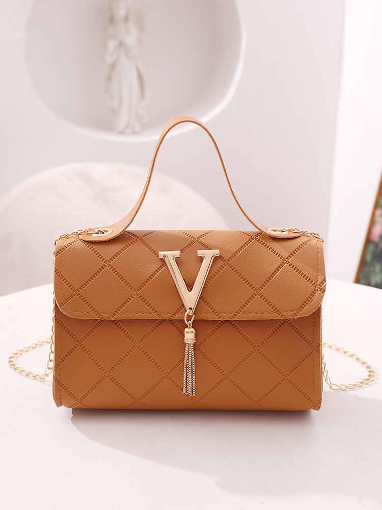 Bag Women Ladies Bags2023 Trendy Fashion Casual Checkered Embossed V Tassel Shoulder Bag - Image 1