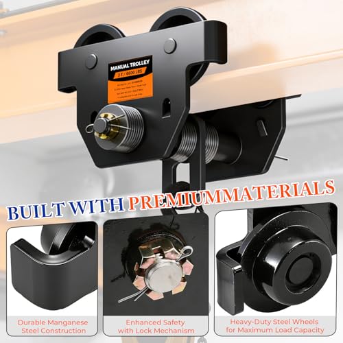 POWLAB I Beam Trolley 3 Ton Manual Adjustable for I-Beam Flange Width 3.66" - 8.46", Overhead Push Beam Trolley Heavy Duty Dual Side Wheels, for Garage Hoist for Straight Curved I Beam - Image 5