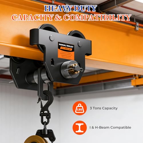 POWLAB I Beam Trolley 3 Ton Manual Adjustable for I-Beam Flange Width 3.66" - 8.46", Overhead Push Beam Trolley Heavy Duty Dual Side Wheels, for Garage Hoist for Straight Curved I Beam - Image 3