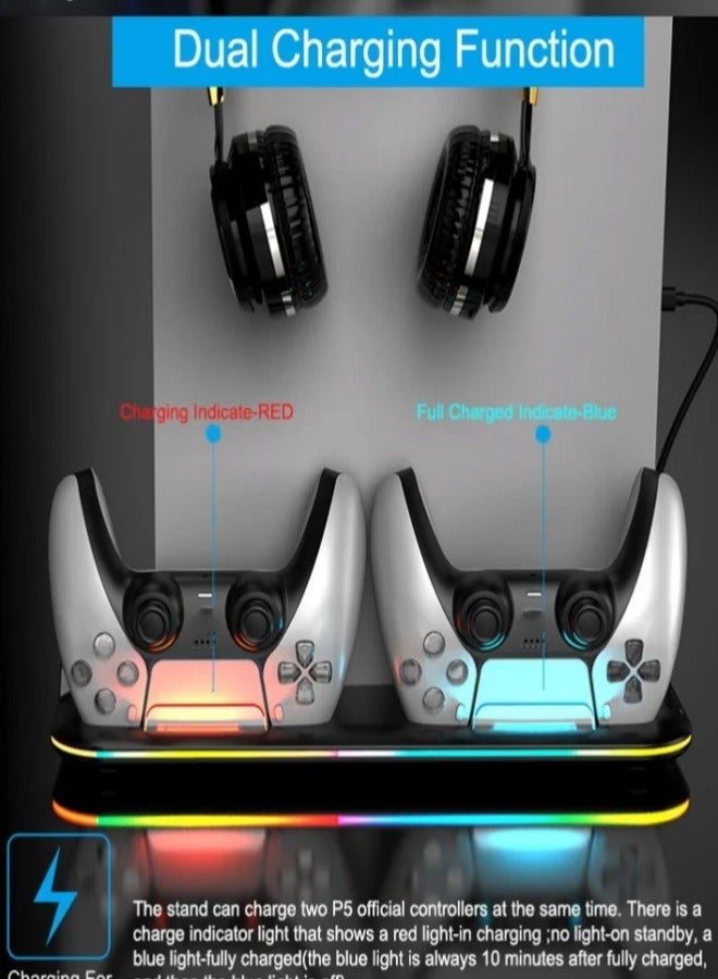 PS5/Slim/Pro Stand and Cooling Station with Dual Controller Charging Station, Including Controller Charger, Cooling Fan, RGB LED and USB Hub (Fit for PS5/PS5 slim/PS5 Pro Version) White - Image 5