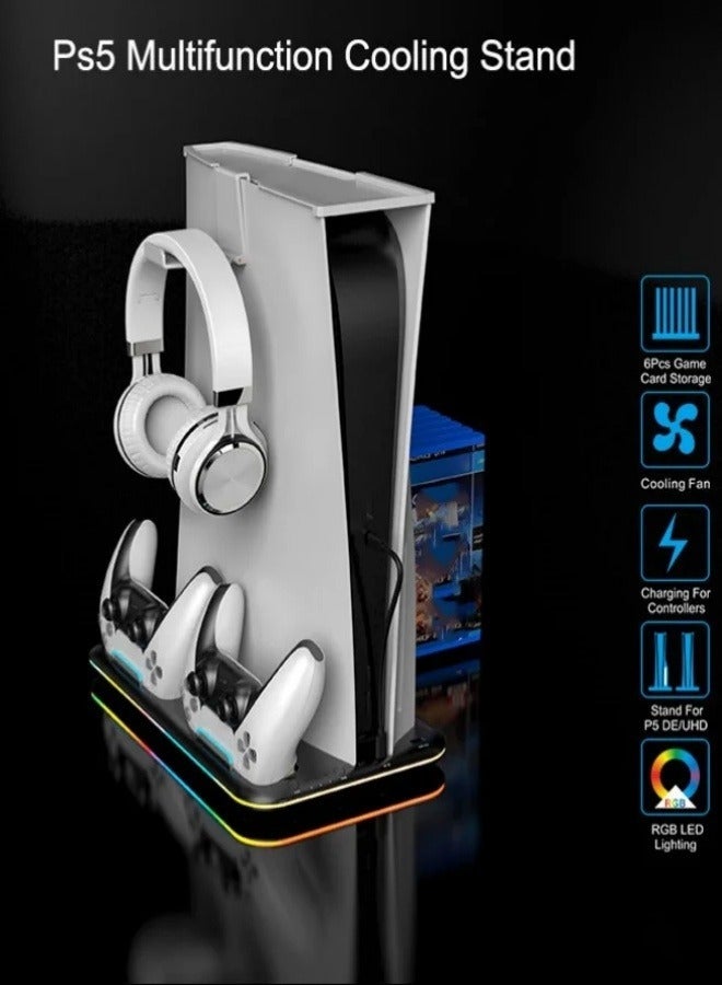 PS5/Slim/Pro Stand and Cooling Station with Dual Controller Charging Station, Including Controller Charger, Cooling Fan, RGB LED and USB Hub (Fit for PS5/PS5 slim/PS5 Pro Version) White - Image 4