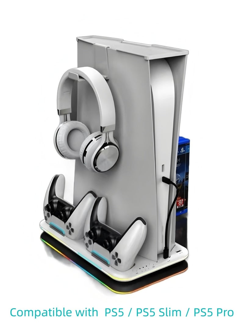 PS5/Slim/Pro Stand and Cooling Station with Dual Controller Charging Station, Including Controller Charger, Cooling Fan, RGB LED and USB Hub (Fit for PS5/PS5 slim/PS5 Pro Version) White - Image 1