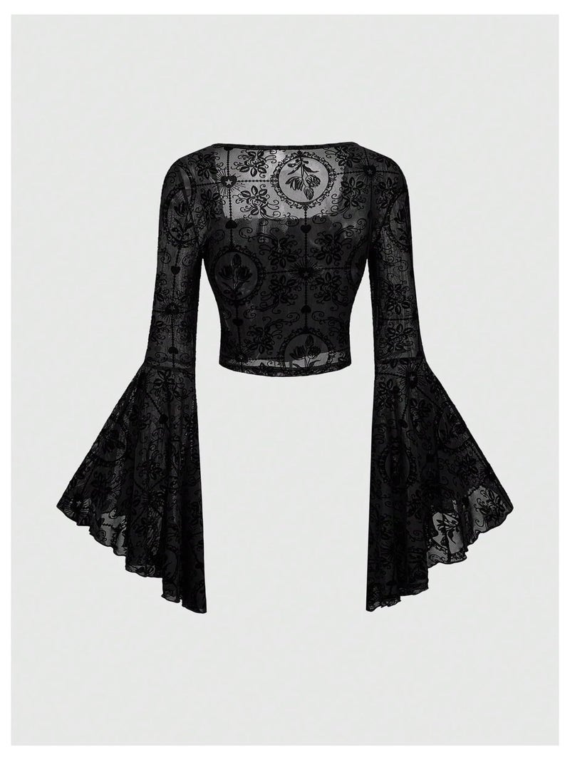 Verdusa Women's Goth Bell Sleeve Tops Gothic Clothes Y2K Lace-up Waist Emo Grunge Crop Top Rave Outfits Black Medium - Image 3