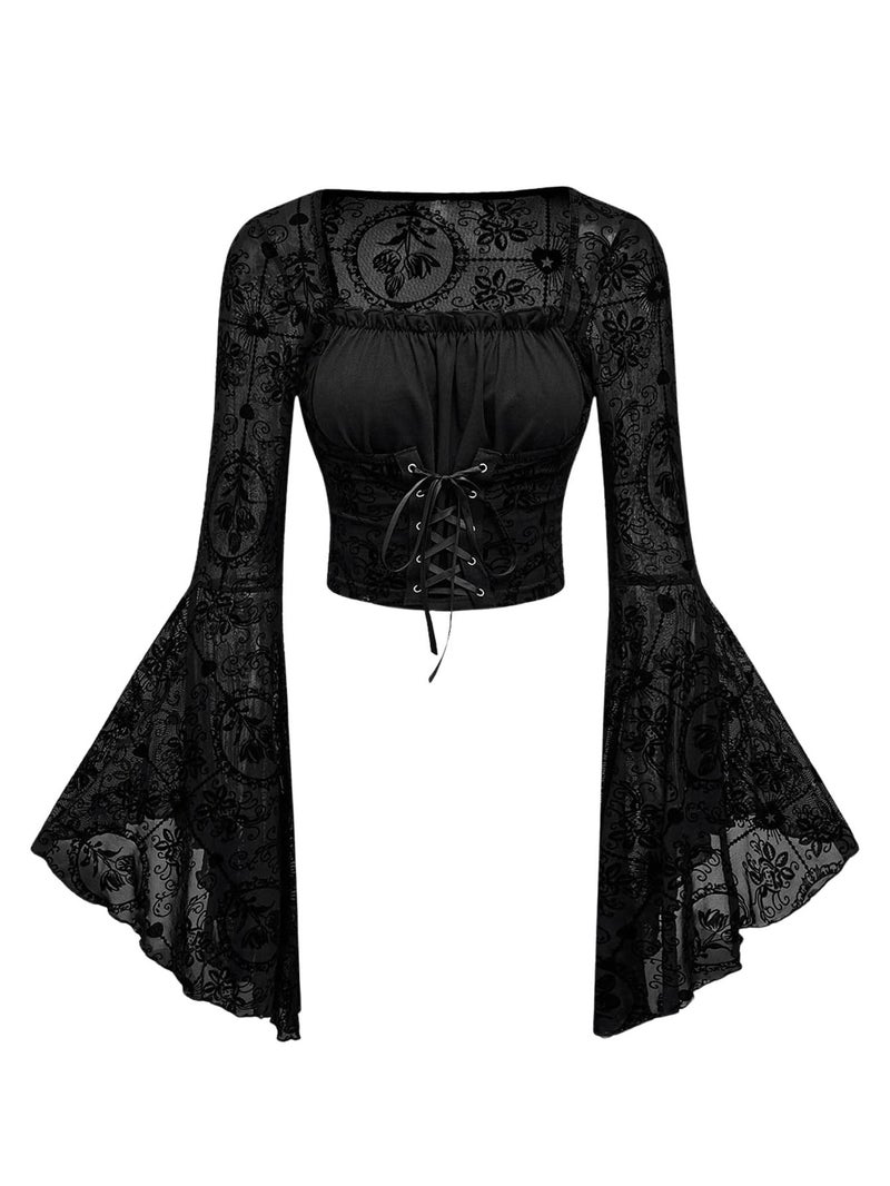 Verdusa Women's Goth Bell Sleeve Tops Gothic Clothes Y2K Lace-up Waist Emo Grunge Crop Top Rave Outfits Black Medium - Image 1