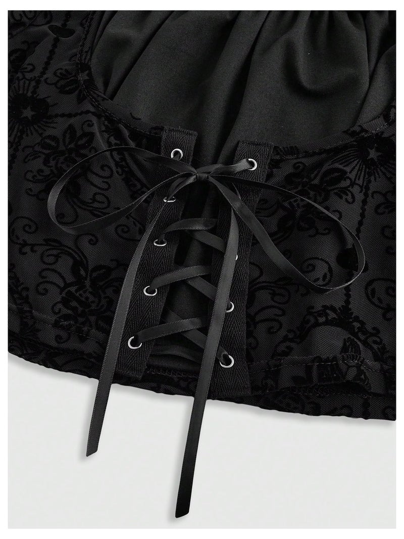 Verdusa Women's Goth Bell Sleeve Tops Gothic Clothes Y2K Lace-up Waist Emo Grunge Crop Top Rave Outfits Black Medium - Image 4