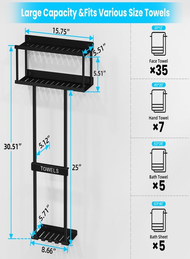 STWWO Bathroom Towel Storage Rack, Metal Towel Racks Wall Mounted Can Holds 5 Large Towels, 30.5IN Bathroom Towel Holder with Shelf & Storage Basket, Towel Organizer with 3 Hooks for RV, Apt, Black - Image 5