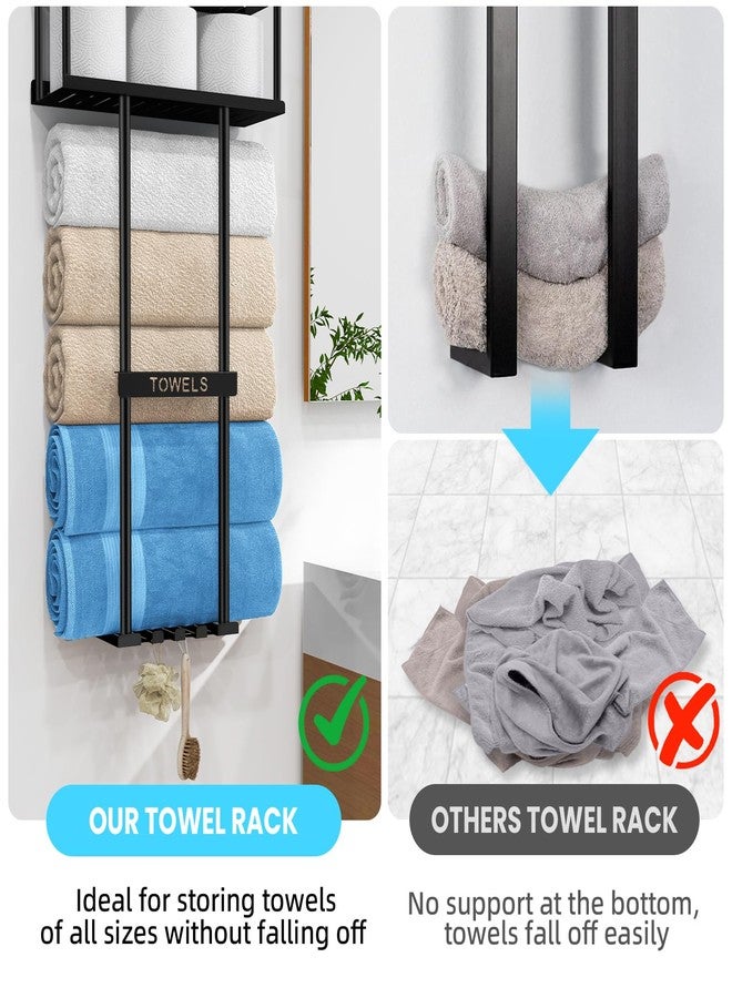 STWWO Bathroom Towel Storage Rack, Metal Towel Racks Wall Mounted Can Holds 5 Large Towels, 30.5IN Bathroom Towel Holder with Shelf & Storage Basket, Towel Organizer with 3 Hooks for RV, Apt, Black - Image 4