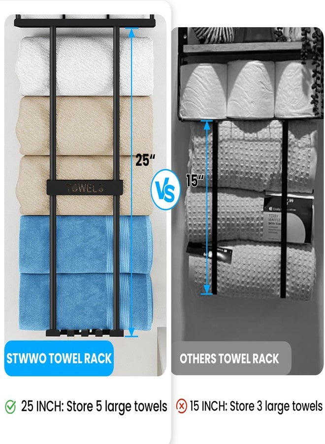 STWWO Bathroom Towel Storage Rack, Metal Towel Racks Wall Mounted Can Holds 5 Large Towels, 30.5IN Bathroom Towel Holder with Shelf & Storage Basket, Towel Organizer with 3 Hooks for RV, Apt, Black - Image 3