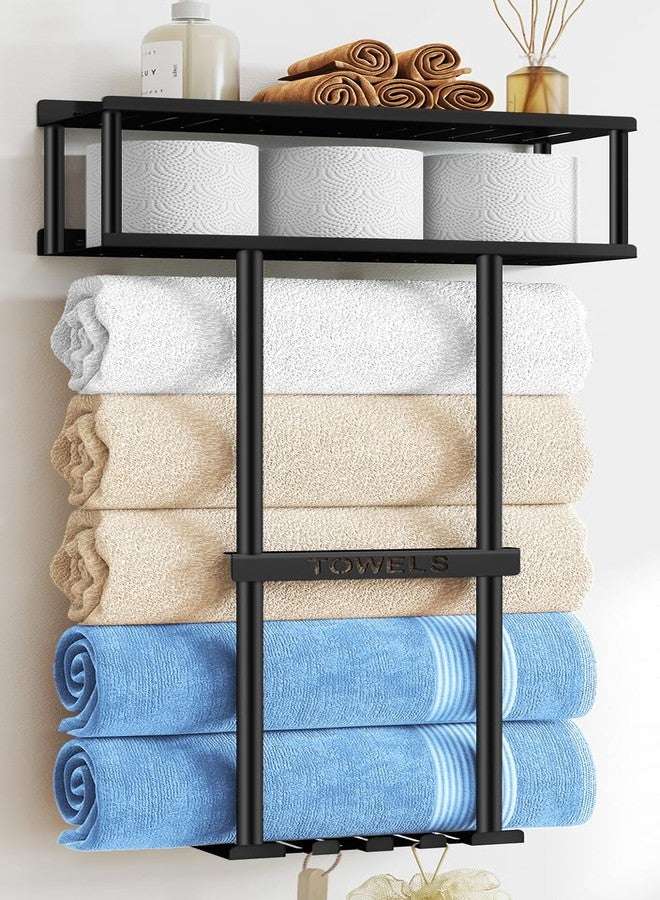 STWWO Bathroom Towel Storage Rack, Metal Towel Racks Wall Mounted Can Holds 5 Large Towels, 30.5IN Bathroom Towel Holder with Shelf & Storage Basket, Towel Organizer with 3 Hooks for RV, Apt, Black - Image 1